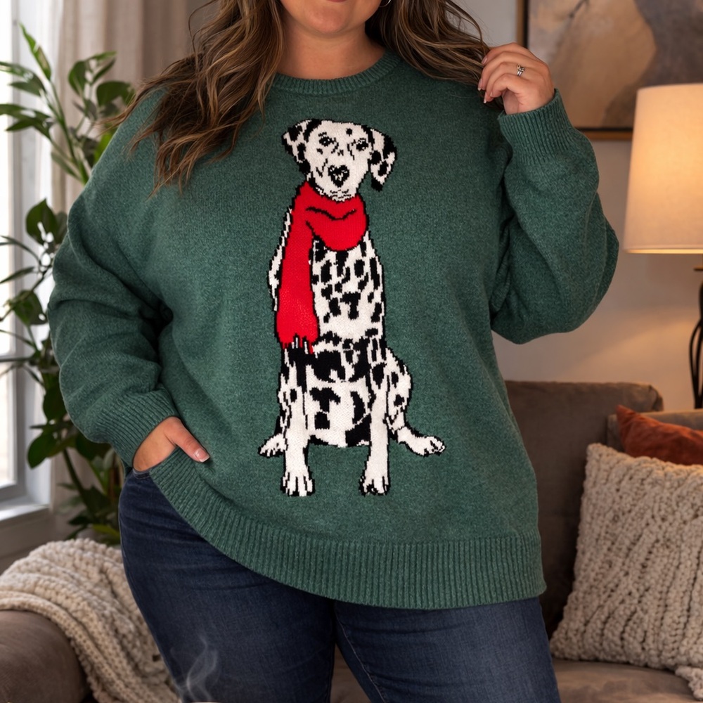 Wondershop Dalmatian Intarsia Knit Crewneck Sweater Big Tall Green Sz XXL Soft‎